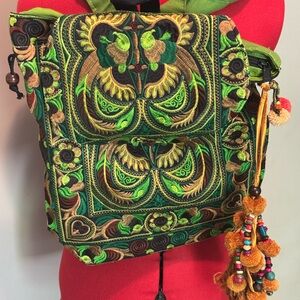 Green Bird Pattern Thai Embroidered Backpack w/PomPom Tassel
